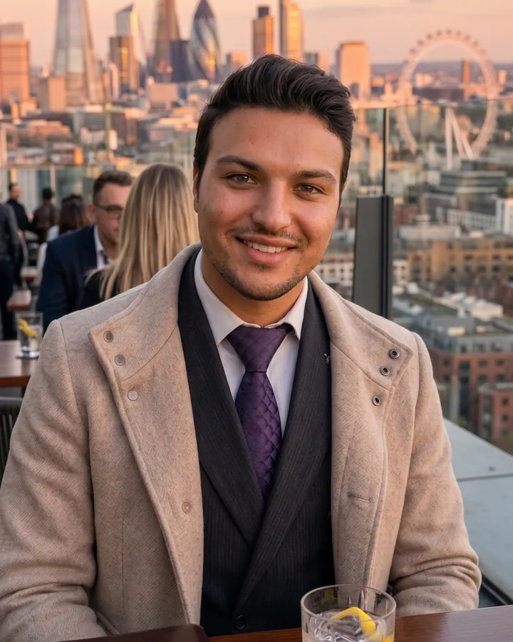 Julian Emir, founder of Kantesti, on a London rooftop at sunset